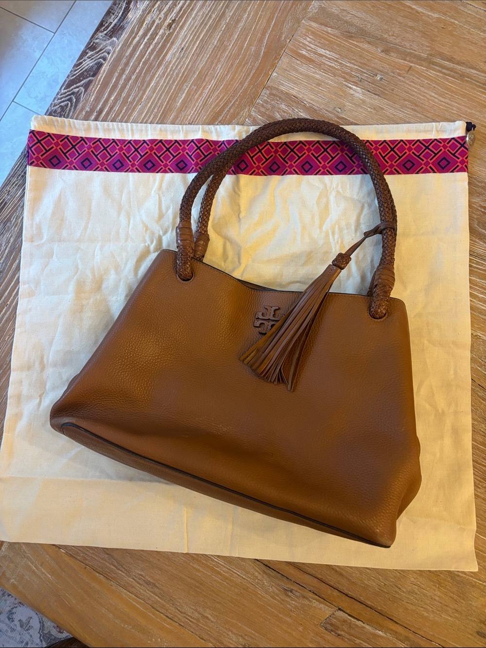 Tory Burch Cognac Braided-Handle Leather Shoulder Bag with Tassel - Picture 12 of 13